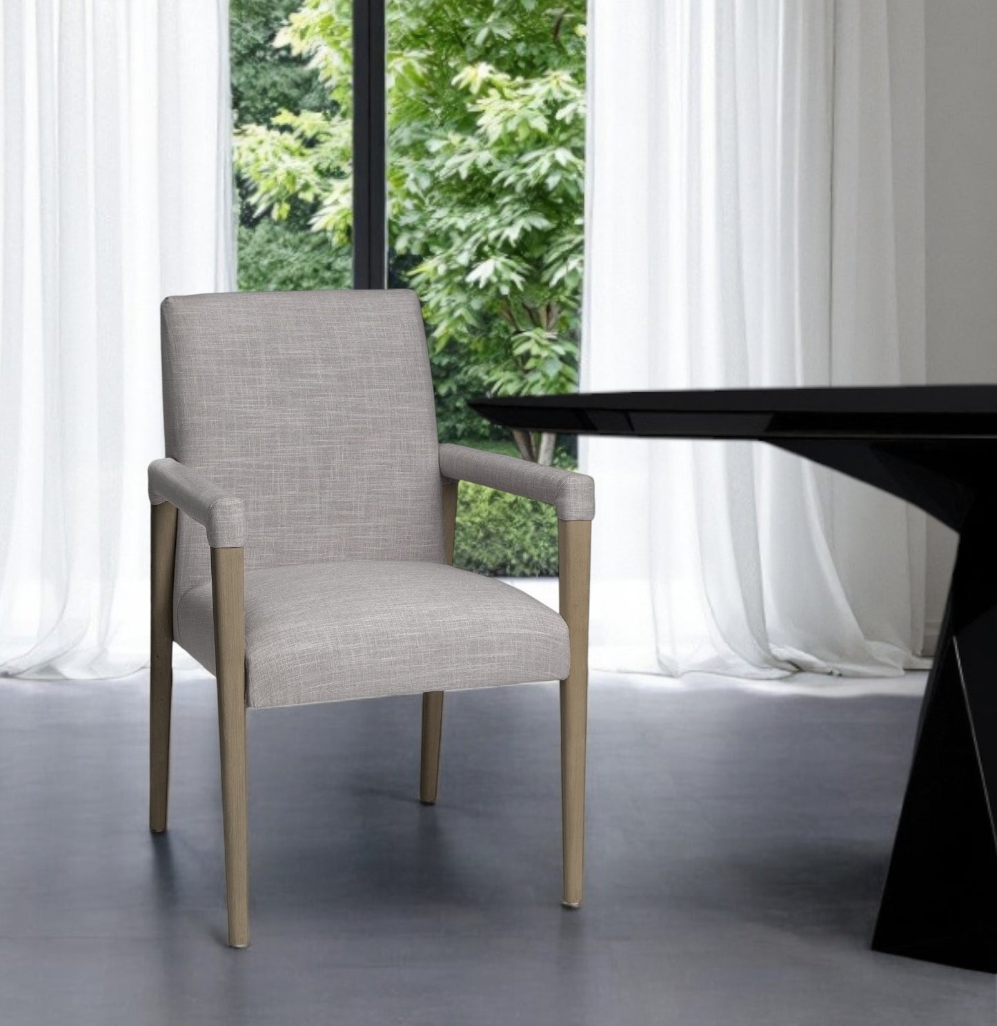 Gray and Brown Upholstered Fabric King Louis Back Dining Arm Chair