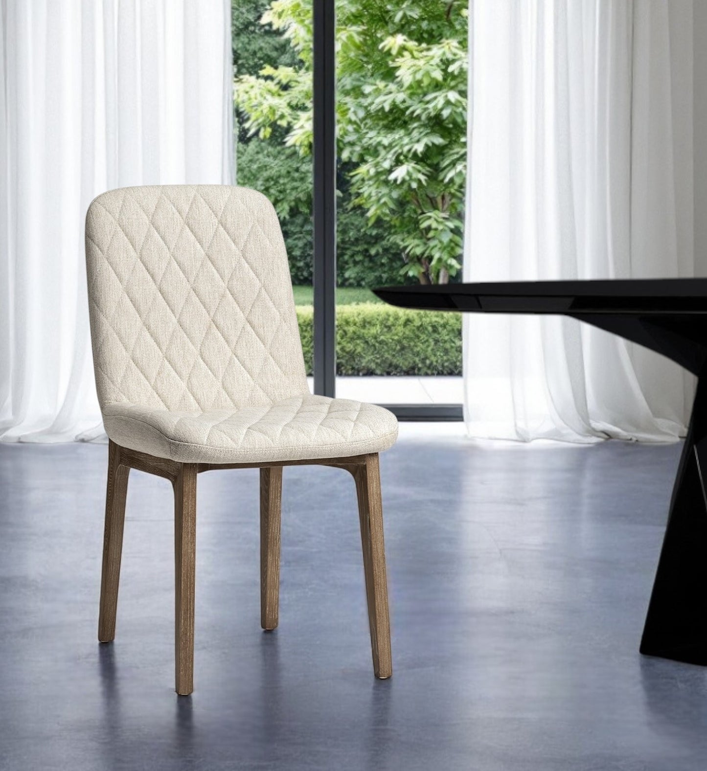 Set of Two Cream and Brown Fabric Dining Side Chairs