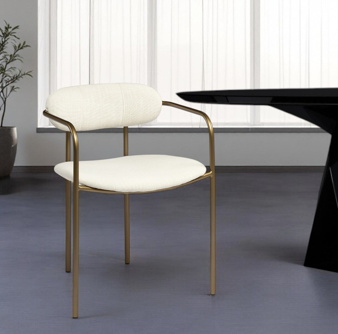 Set of Two Cream and Gold Fabric Open Back Dining Arm Chairs