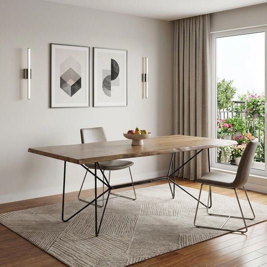 84" Natural And Black Solid Wood And Metal Trestle Base Dining Table