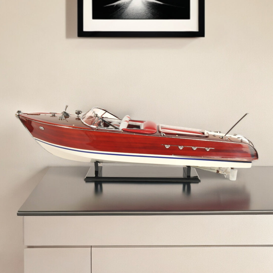 10" Red White And Brown Manufactured Wood Hand Painted Decorative Boat