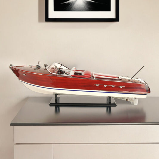 10" Red White And Brown Manufactured Wood Hand Painted Decorative Boat