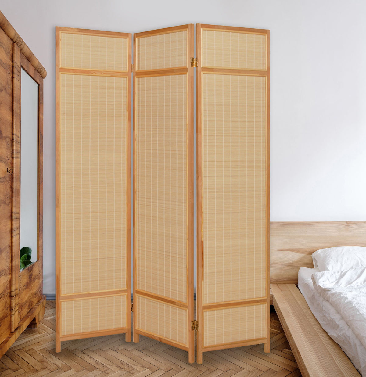 72" Brown Bamboo Folding Three Panel Screen Room Divider