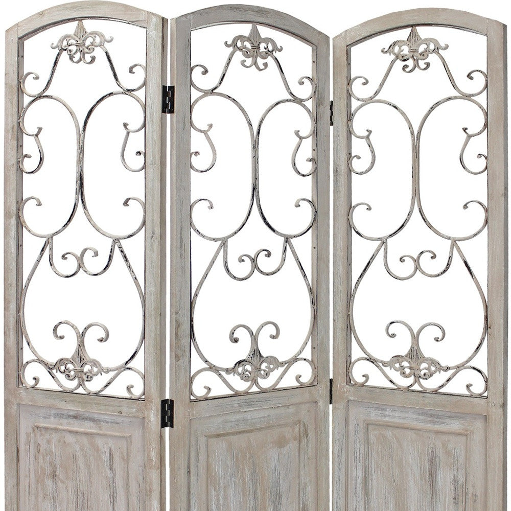 68" Beige Metal And Wood Folding Three Panel Screen Room Divider