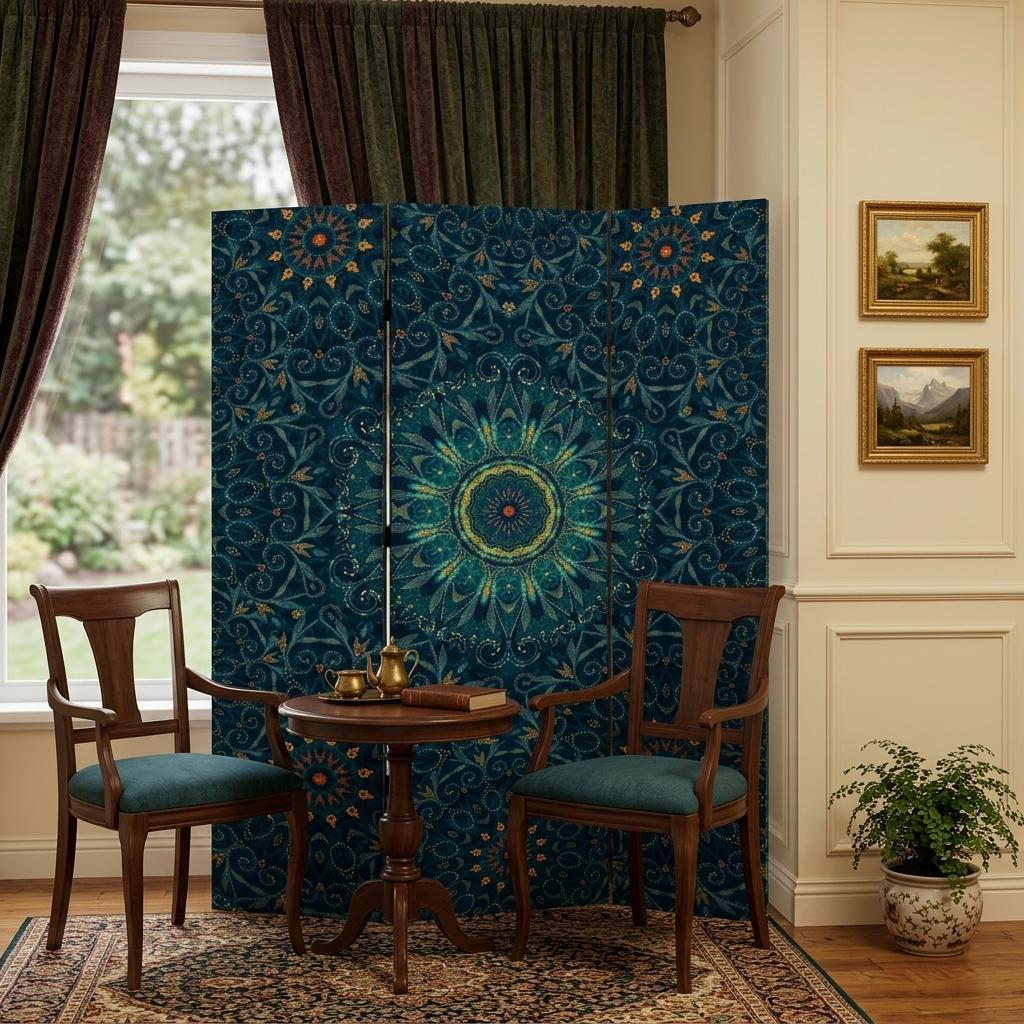 Blue Boho Mandala Three Panel Room Divider Screen