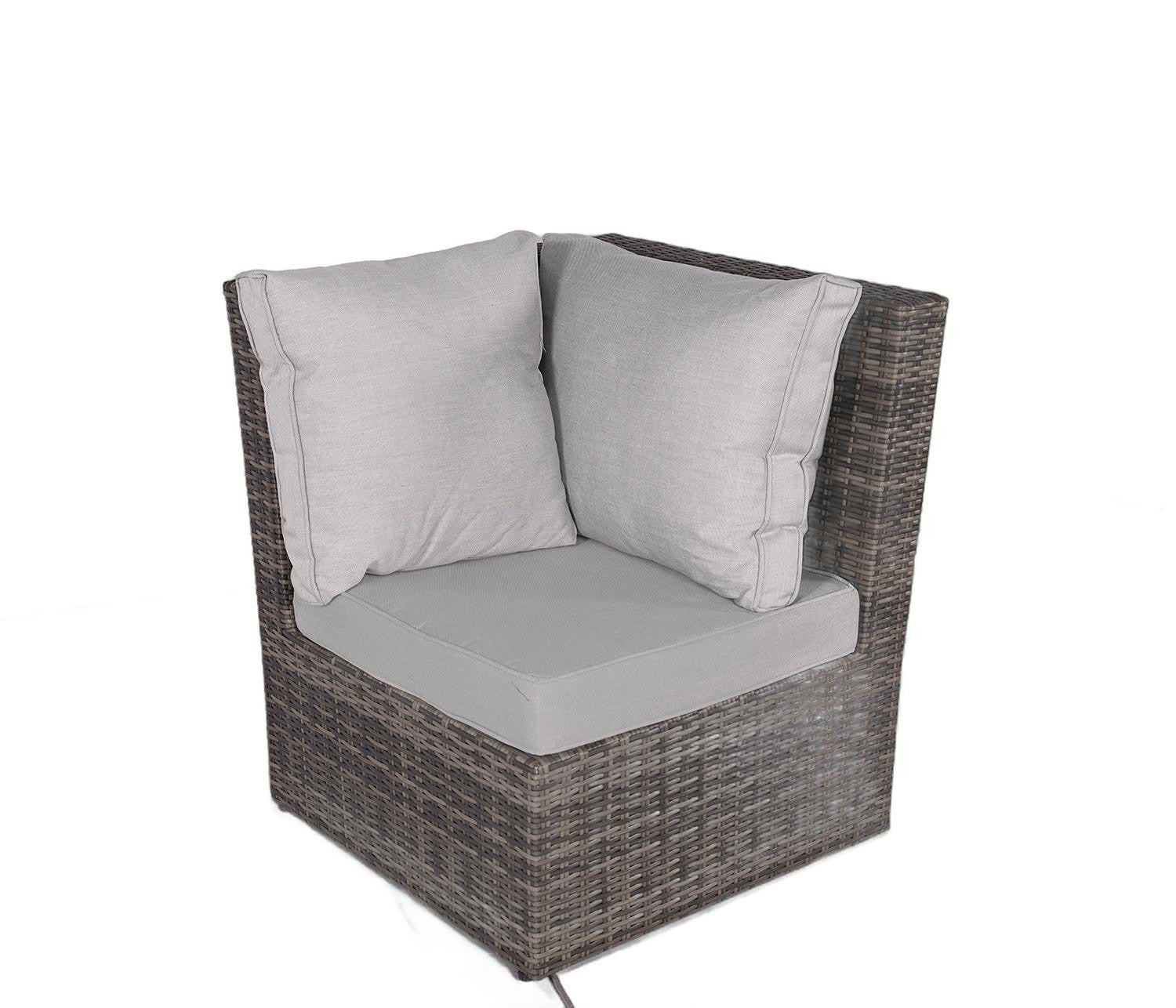Seven Piece Gray Wicker Upholstered Cushions Sectional Seating Group With Fire Pit And Table