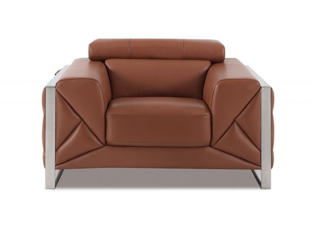 48" Camel And Silver Italian Leather Arm Chair