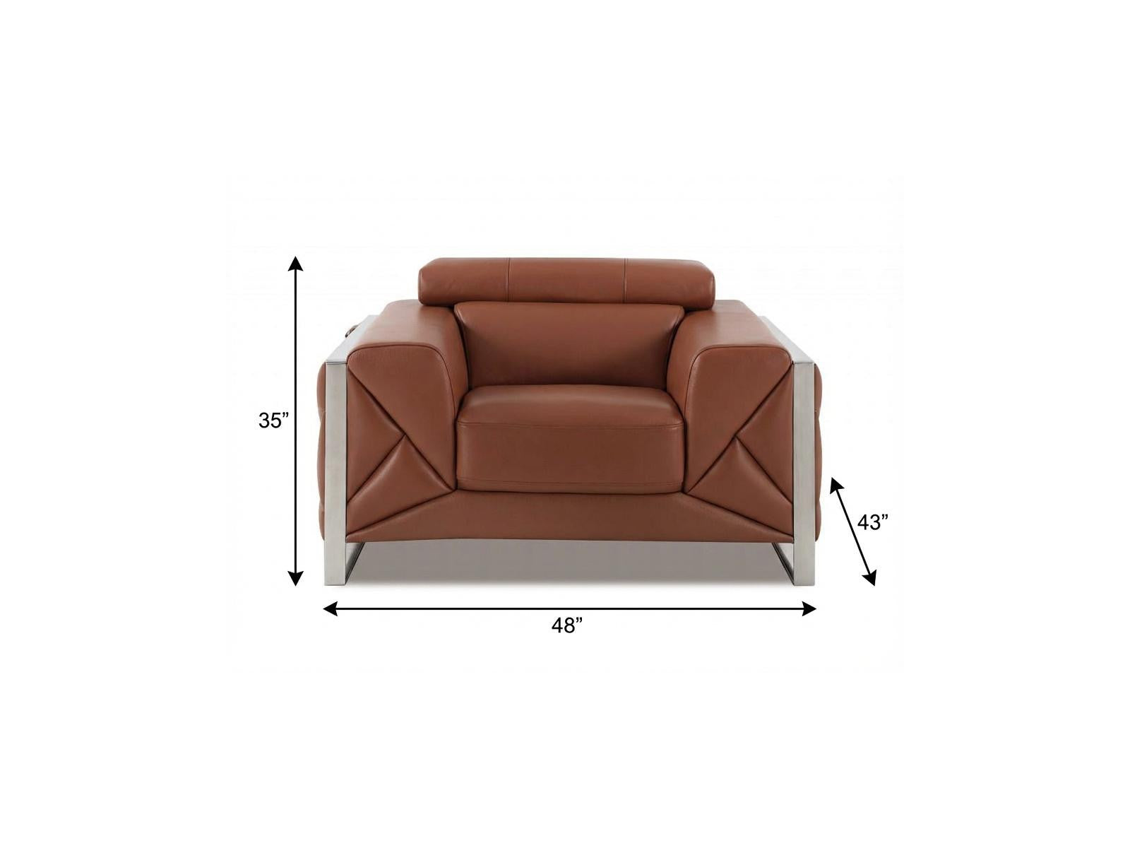 48" Camel And Silver Italian Leather Arm Chair