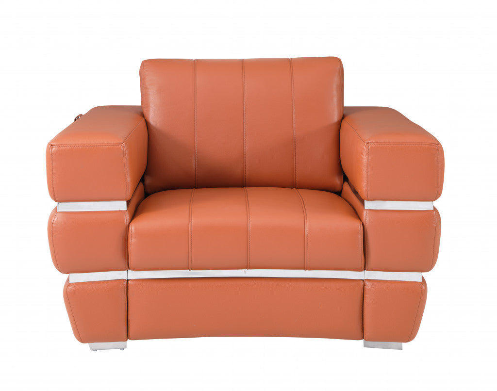 48" Camel And Silver Italian Leather Arm Chair