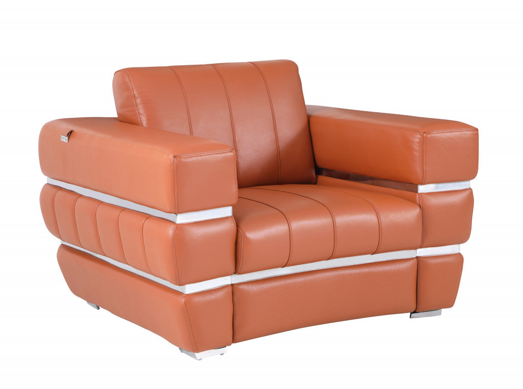 48" Camel And Silver Italian Leather Arm Chair