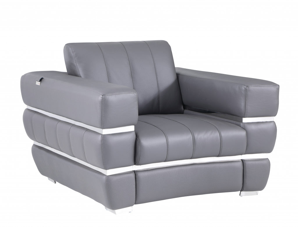 48" Dark Slate Gray And White Italian Leather Arm Chair