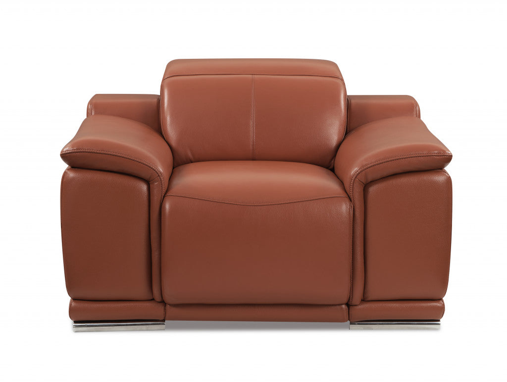 48" Camel And Silver Italian Leather Arm Chair