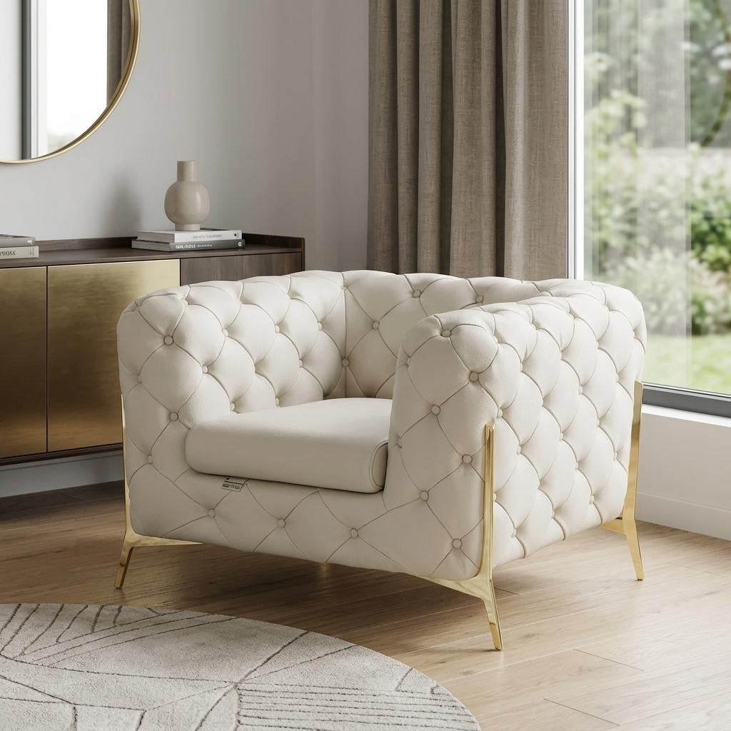 45" Beige And Gold Italian Leather Tufted Chesterfield Chair