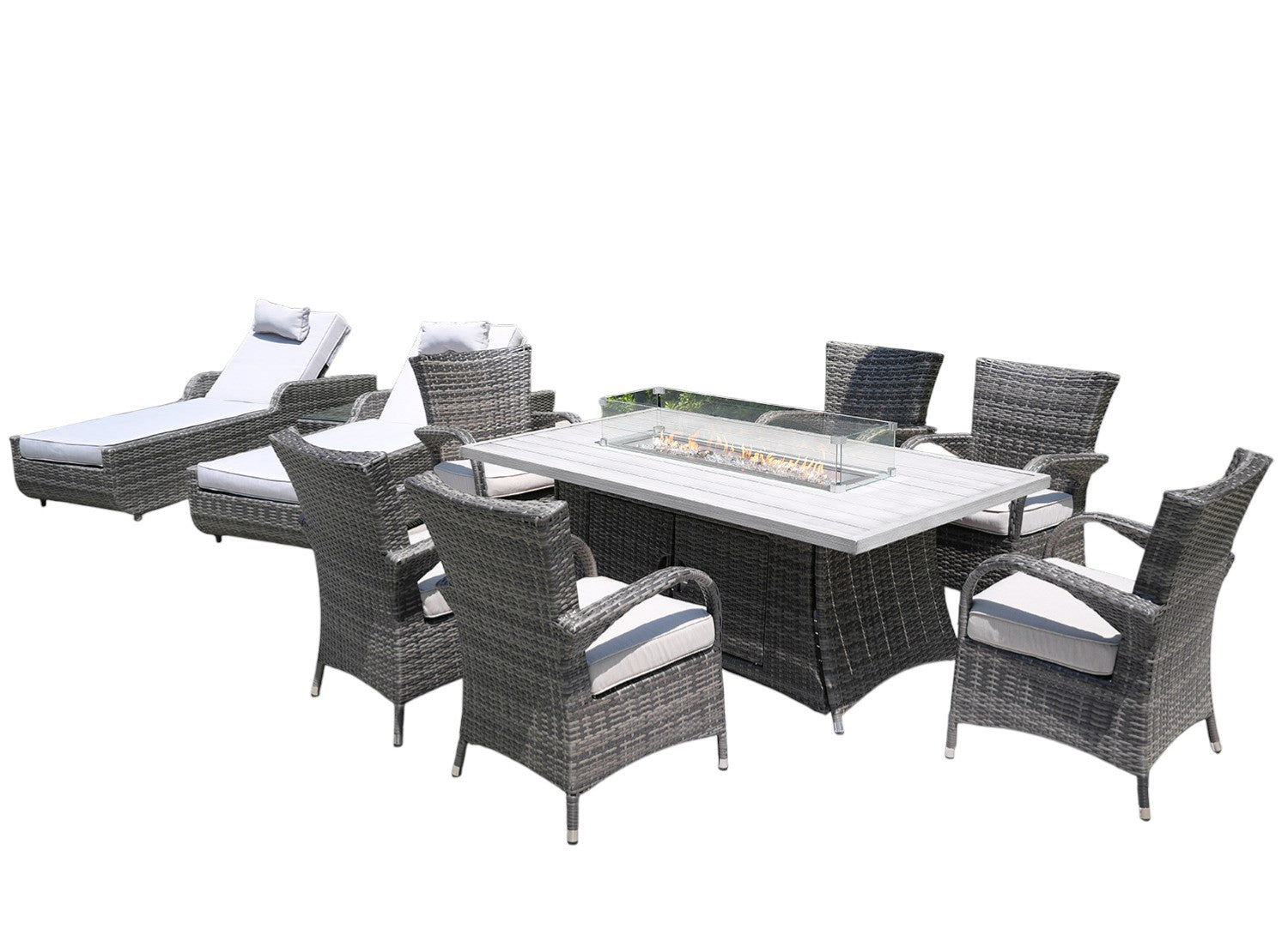 Ten Piece Gray Wicker Multiple Chairs Seating Group With Fire Pit And Table