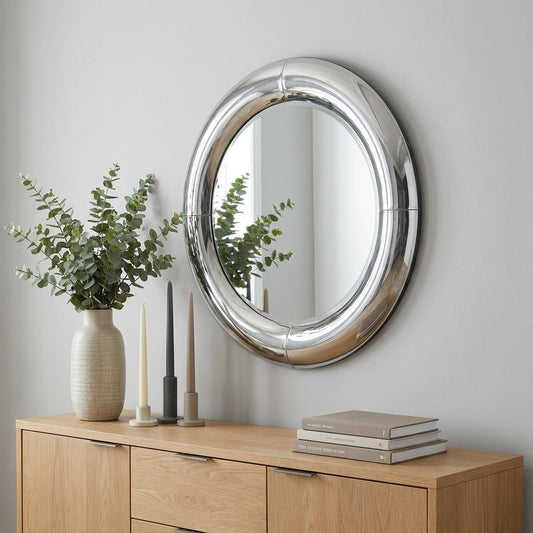 32" Silver Round Curved Frame Accent Mirror