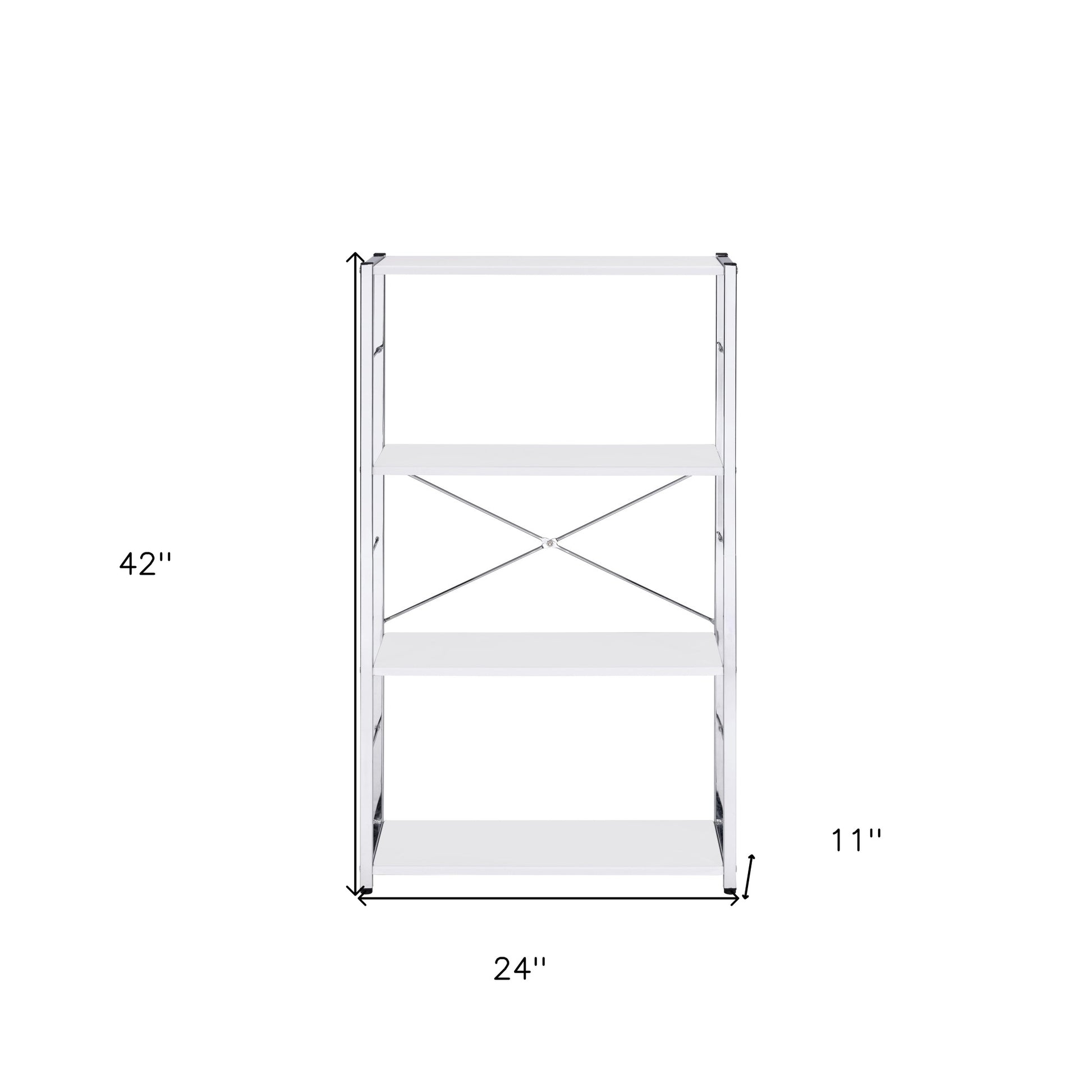 42" White And Silver Metal and Wood Four Tier Etagere Bookcase