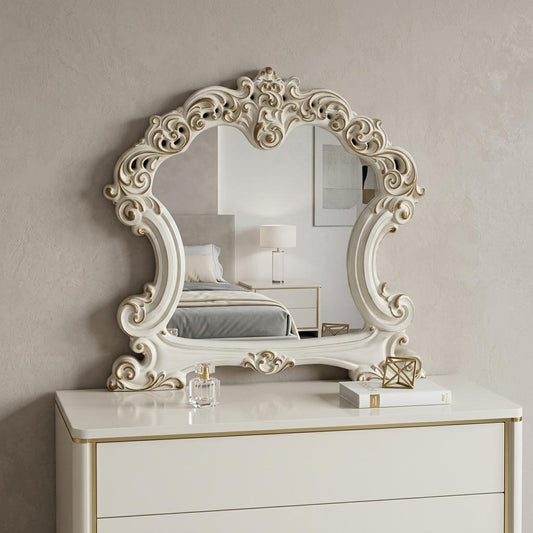45" White Abstract Wood Framed Mounted Dresser Mirror