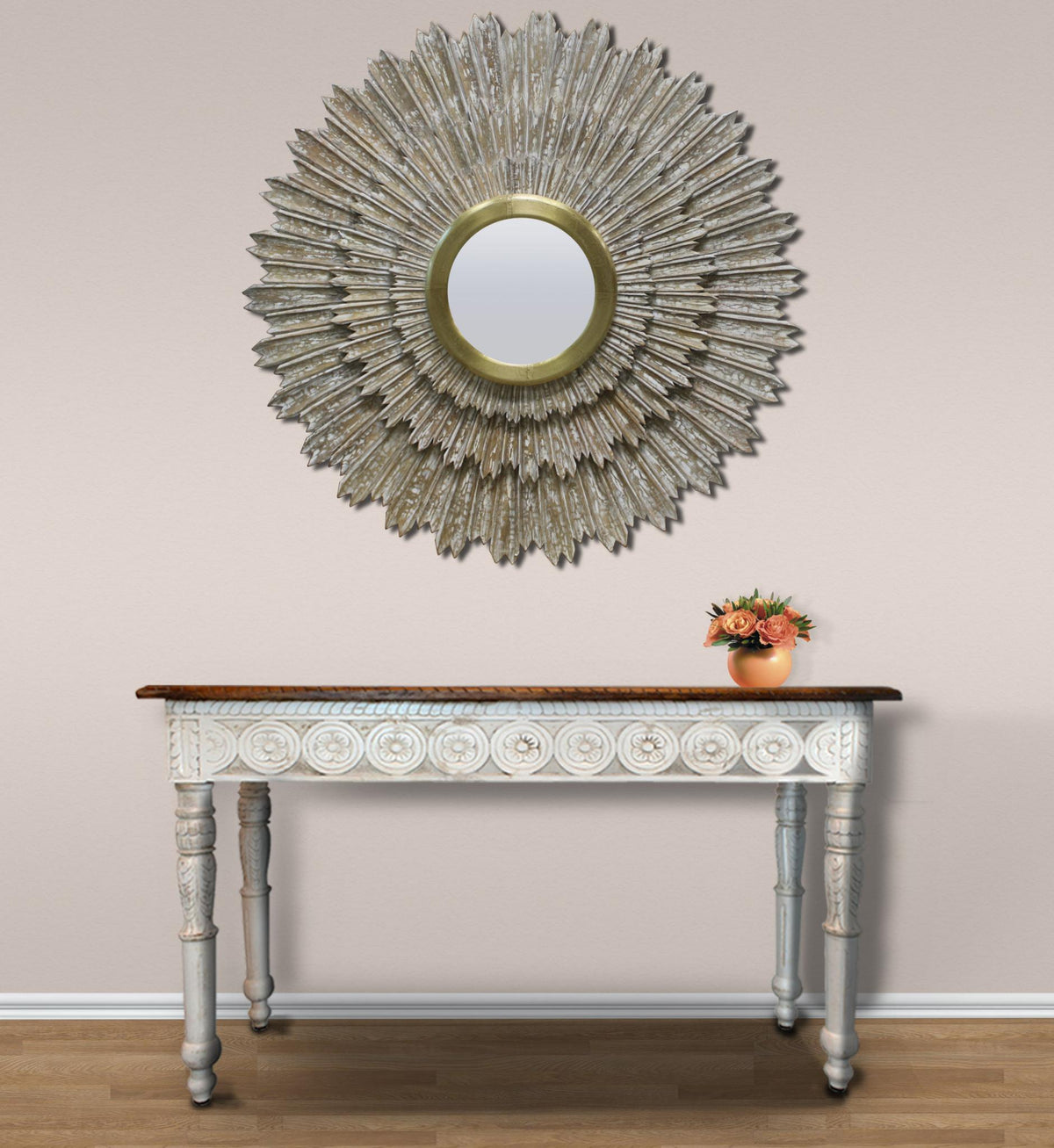 44" Antiqued Gold Sunburst Wood and Metal Framed Accent Mirror