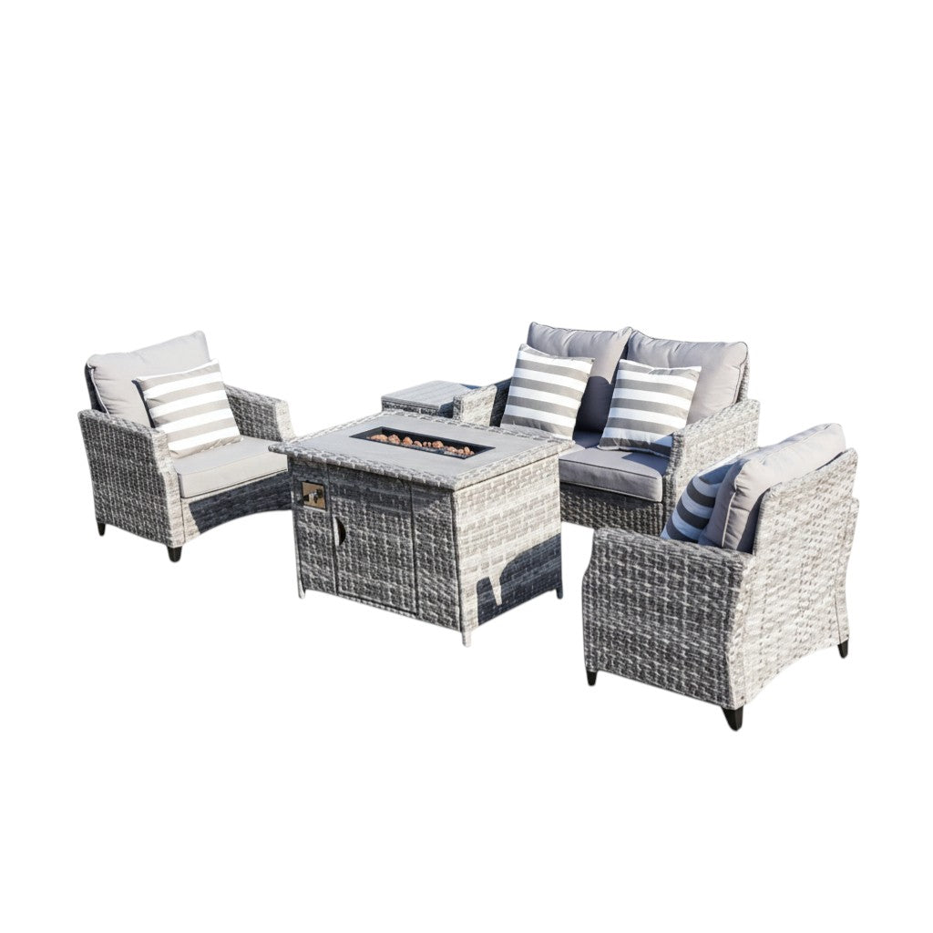 Five Piece Gray Rattan Sofa Seating Group With Fire Pit And Table