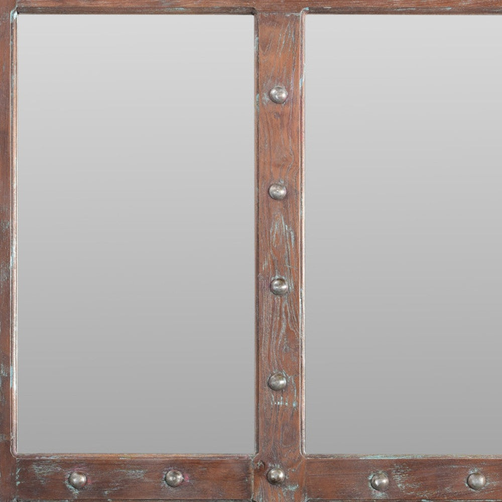60" Wood Brown Rustic Solid Wood Window Pane Framed Accent Mirror