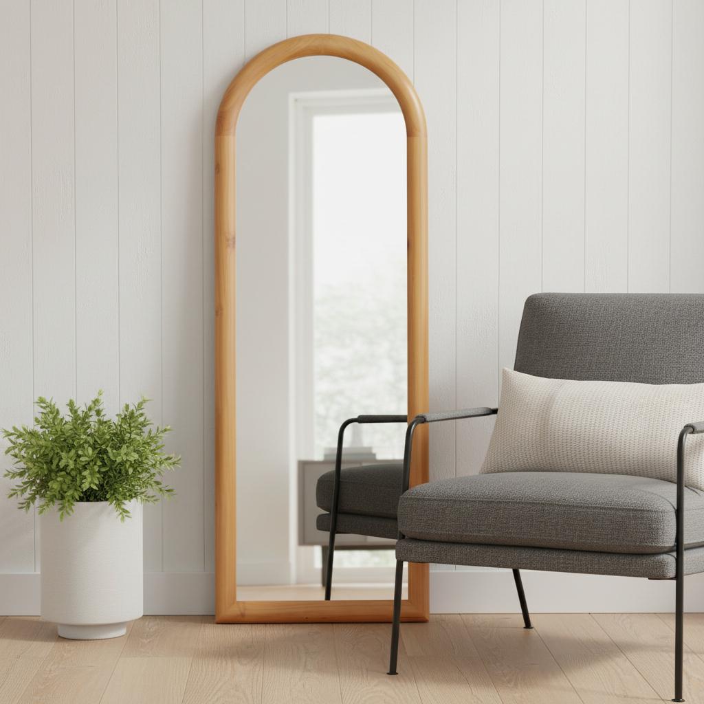66" Natural Solid Wood Arch Framed Full Length Mirror