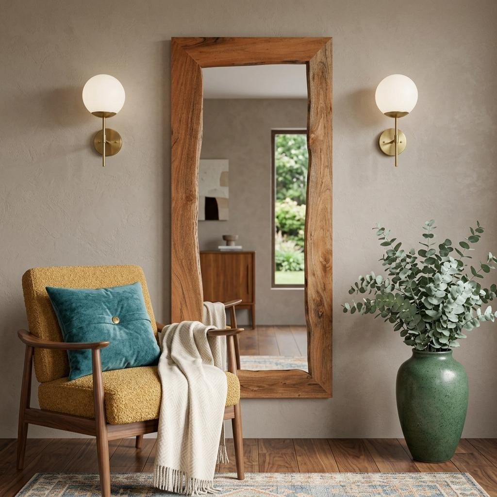 32" Brown Live Edge Solid Wood Full Length Hanging Mirror