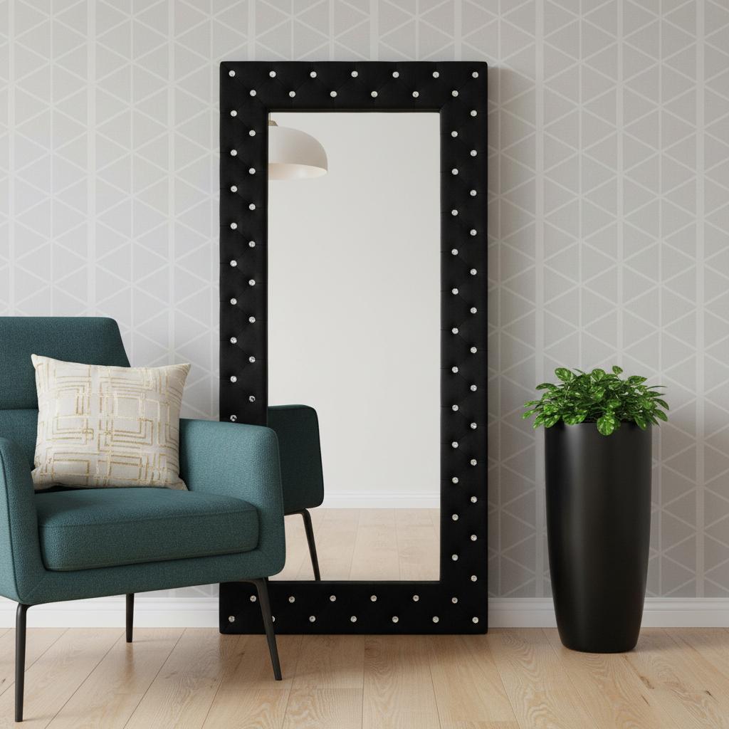 71" Black Wood and Faux Crystal Framed Freestanding and Wall Mount Standing Mirror