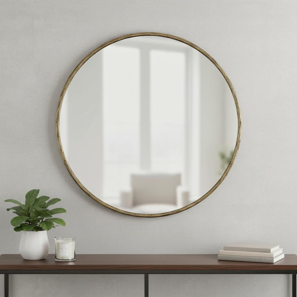 36" Antiqued Brass Iron Round Framed Accent Mirror