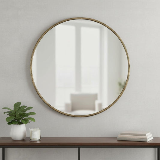 36" Antiqued Brass Iron Round Framed Accent Mirror