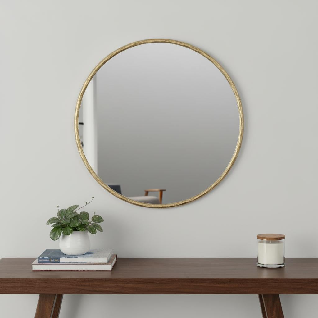 24" Antiqued Brass Iron Round Framed Accent Mirror