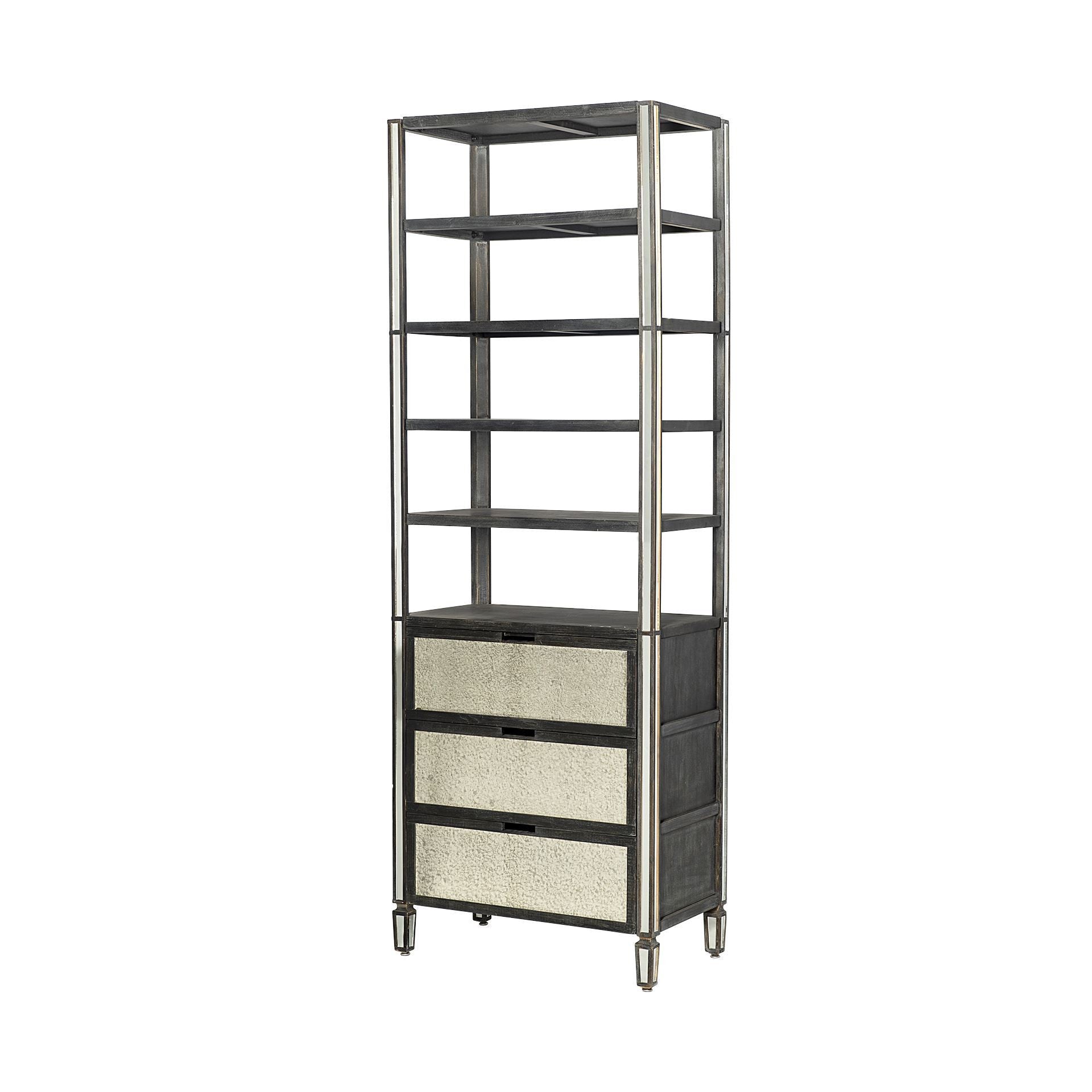 32" Dark Brown Solid Wood and Mirrored Glass Four Tier Bookcase with Three Drawers