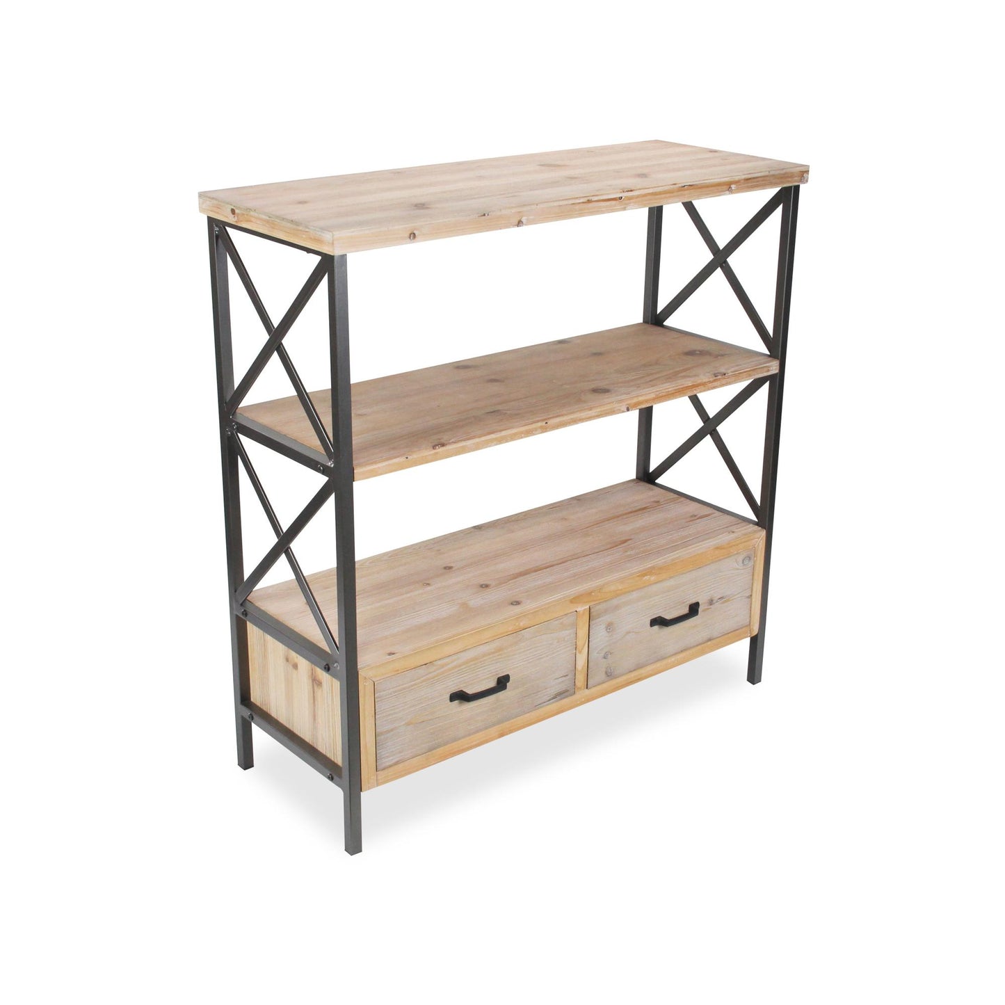 37" Brown Distressed Metal and Wood Three Tier Etagere Bookcase with Two Drawers