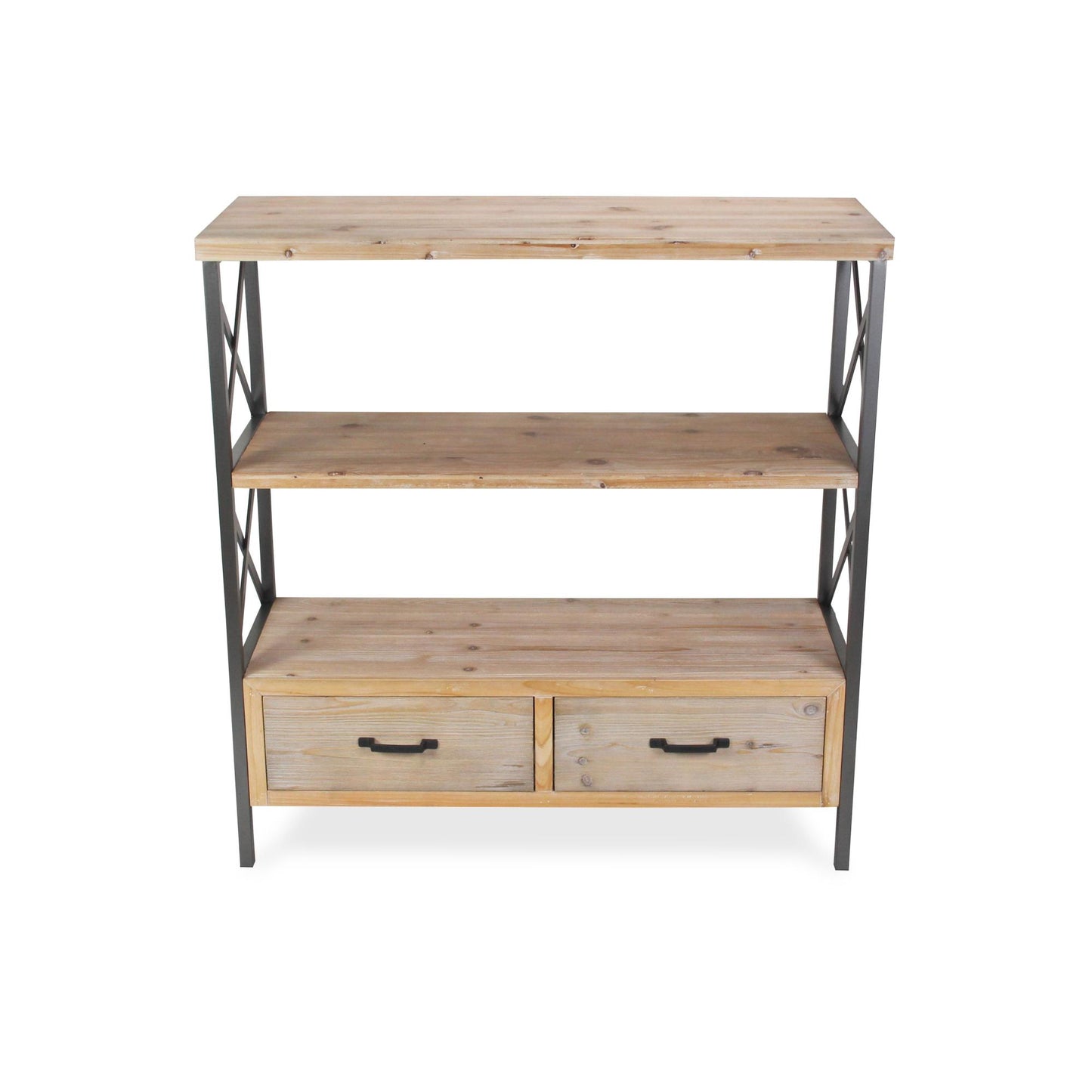 37" Brown Distressed Metal and Wood Three Tier Etagere Bookcase with Two Drawers