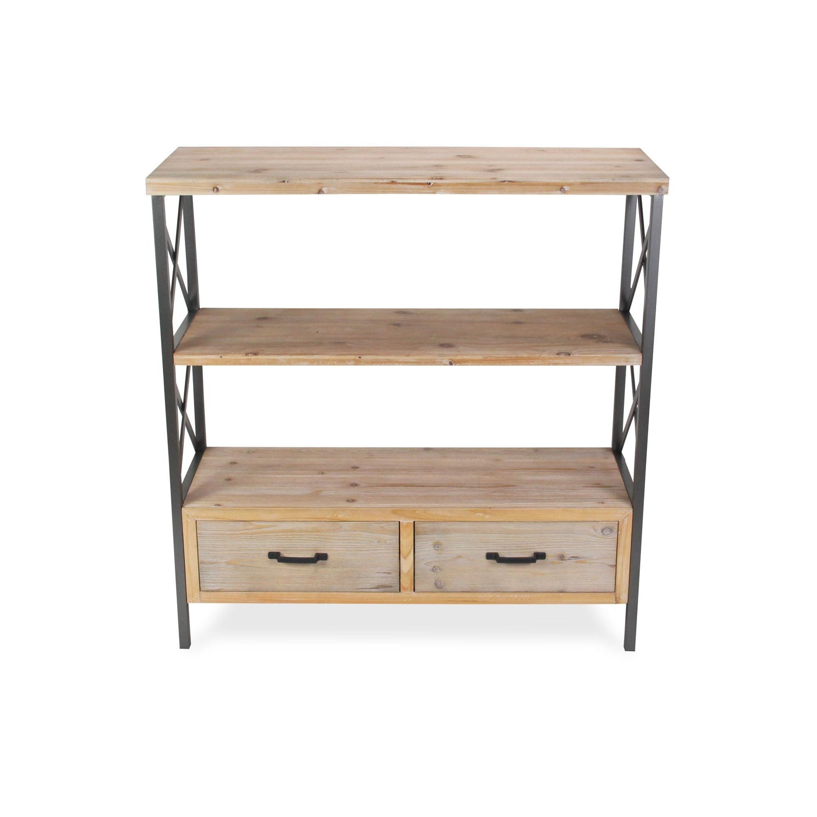 37" Brown Distressed Metal and Wood Three Tier Etagere Bookcase with Two Drawers