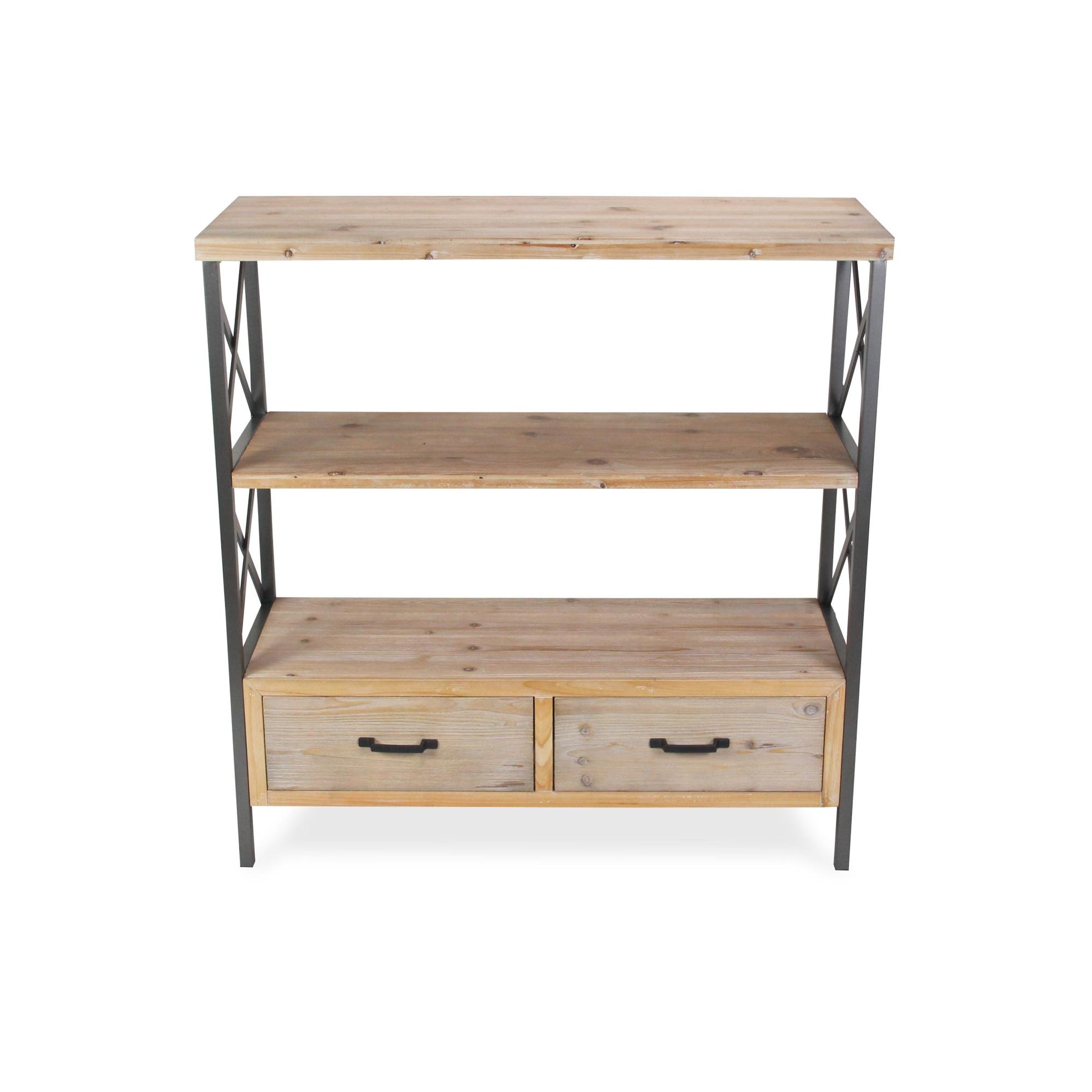 37" Brown Distressed Metal and Wood Three Tier Etagere Bookcase with Two Drawers