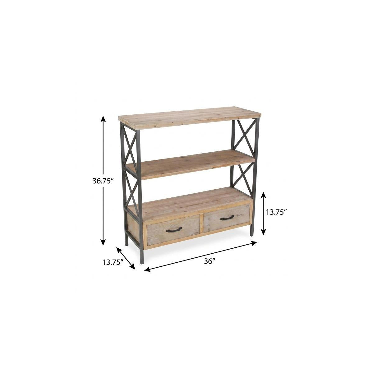 37" Brown Distressed Metal and Wood Three Tier Etagere Bookcase with Two Drawers