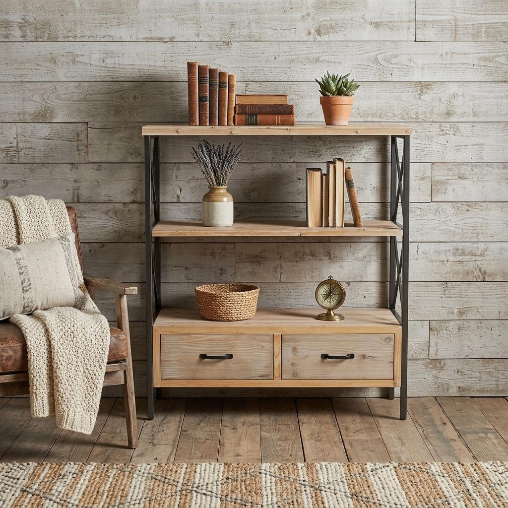 37" Brown Distressed Metal and Wood Three Tier Etagere Bookcase with Two Drawers