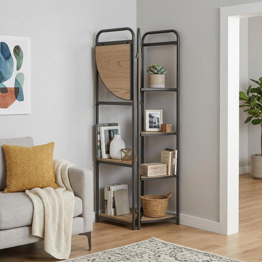 47" Brown Distressed Metal and Wood Four Tier Corner Bookcase