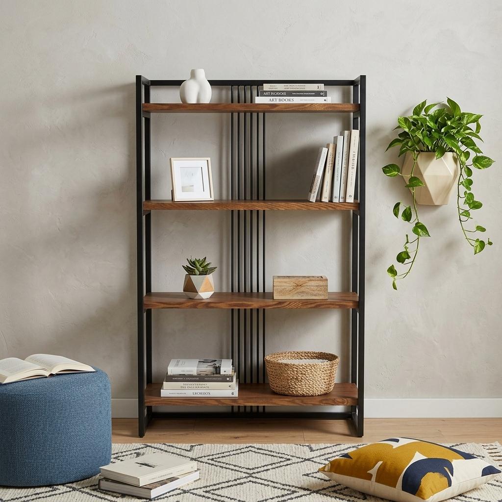 47" Brown Distressed Metal and Wood Four Tier Etagere Bookcase