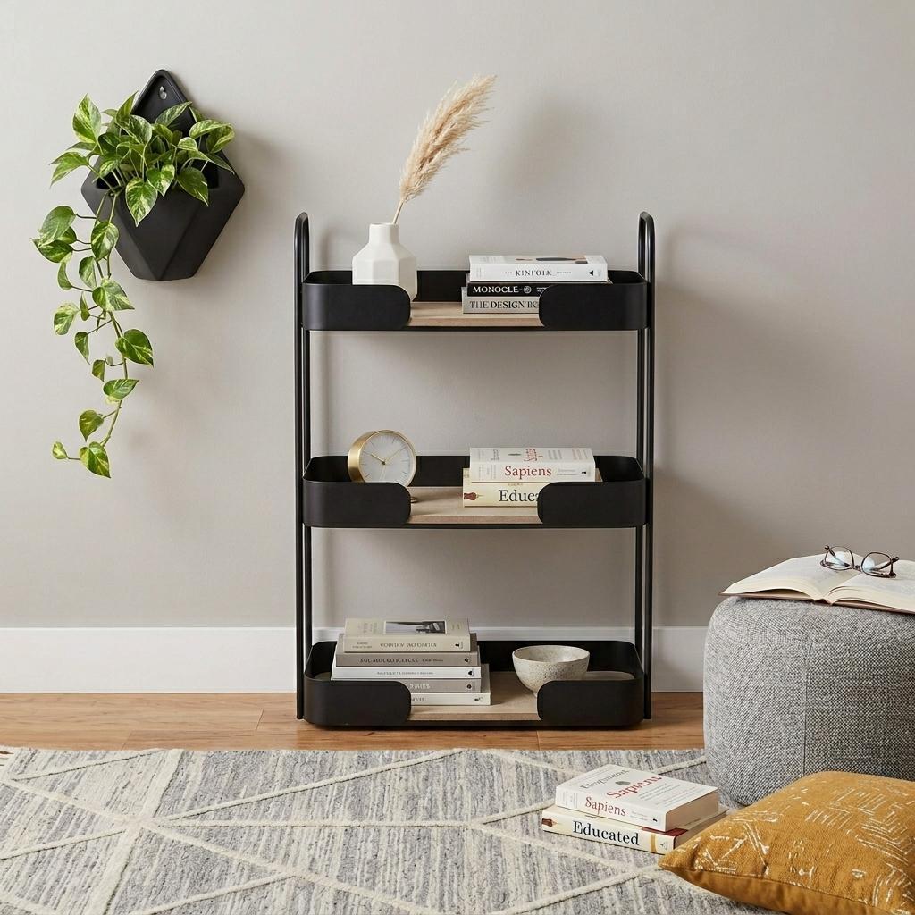 14" Brown Distressed Metal and Wood Two Tier Etagere Bookcase