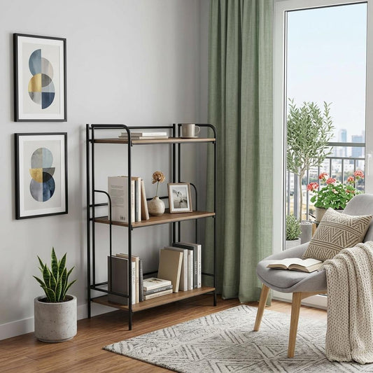 37" Brown Distressed Metal and Wood Three Tier Etagere Bookcase