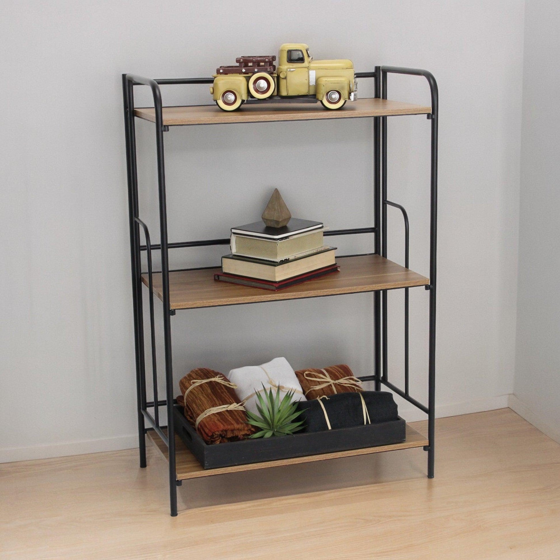 37" Brown Distressed Metal and Wood Three Tier Etagere Bookcase